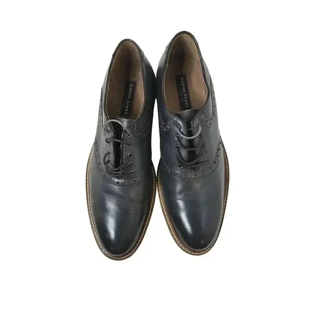 Aston Grey Mens Tokyo Oxford Dress Shoes Black Leather Almond Toe Lace Up 9.5